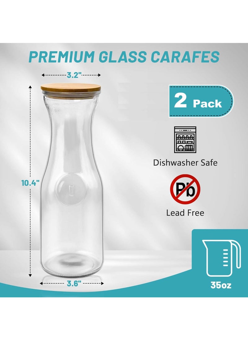 Generic 2PCS Glass Water Carafe with Bamboo and Stainless Steel Lid, Beverage Dispenser, Clear Carafe for Water, Milk and Juice, Glass Carafe Pitcher (1.0L)  - Image 2