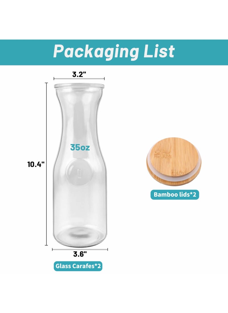 Generic 2PCS Glass Water Carafe with Bamboo and Stainless Steel Lid, Beverage Dispenser, Clear Carafe for Water, Milk and Juice, Glass Carafe Pitcher (1.0L)  - Image 3