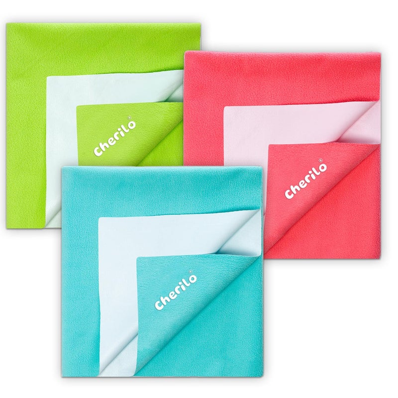 Cherilo Cherilo Waterproof Quick Dry Sheet for New Born Baby, Anti-Piling Fleece Washable Mattress Protector, Cot & Bassinet Gift Pack, 50cm x 70cm, Pack of 3 (Sea Green+Pista Green+Salmon Rose) - Image 1