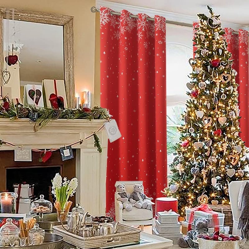 BGment Red Christmas Curtains for Living Room  Grommet Christmas Decoration Window Blackout Curtains with Christmas Tree and Snowflake Print  2 Panels  Each 52 x 63 Inch  Red - Image 3