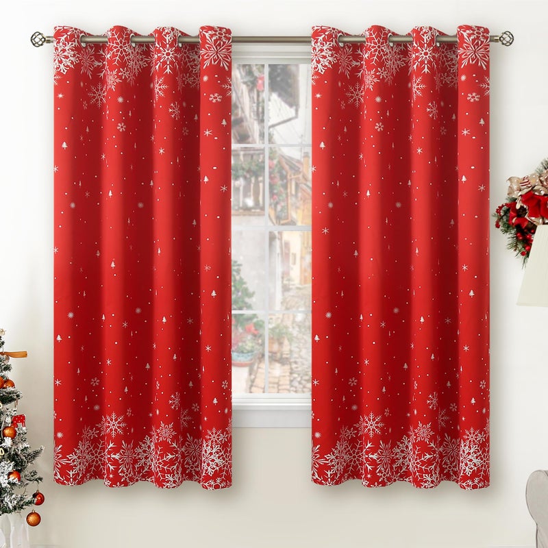 BGment Red Christmas Curtains for Living Room  Grommet Christmas Decoration Window Blackout Curtains with Christmas Tree and Snowflake Print  2 Panels  Each 52 x 63 Inch  Red - Image 1