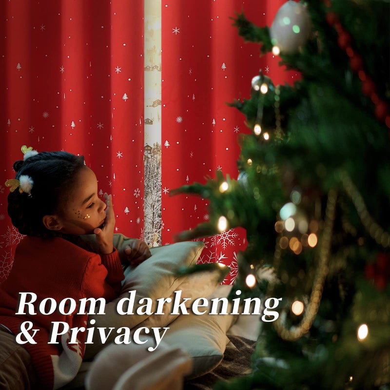 BGment Red Christmas Curtains for Living Room  Grommet Christmas Decoration Window Blackout Curtains with Christmas Tree and Snowflake Print  2 Panels  Each 52 x 63 Inch  Red - Image 4