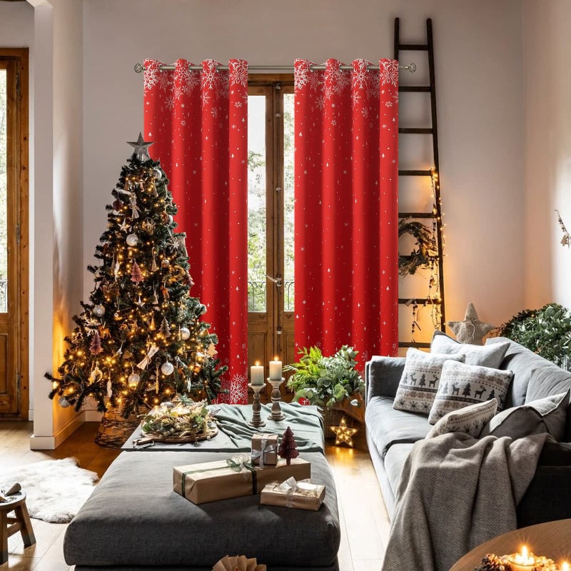 BGment Red Christmas Curtains for Living Room  Grommet Christmas Decoration Window Blackout Curtains with Christmas Tree and Snowflake Print  2 Panels  Each 52 x 63 Inch  Red - Image 2