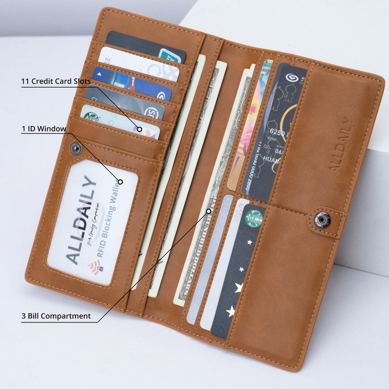 Alldaily Ultra Slim Thin Women Wallet RFID Blocking Credit Card Holder Bifold Long Ladies Billfold (Brown) - Image 2