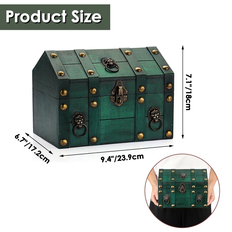ELLDOO Vintage Wooden Treasure Chest, Pirate Treasure Storage Keepsakes Box for Kids Gifts Pirate Theme Party, Decorative Box for Jewelry Pearl Trinkets, Vintage Green - Image 2