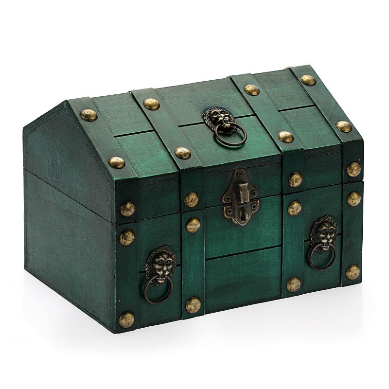 ELLDOO Vintage Wooden Treasure Chest, Pirate Treasure Storage Keepsakes Box for Kids Gifts Pirate Theme Party, Decorative Box for Jewelry Pearl Trinkets, Vintage Green - Image 1
