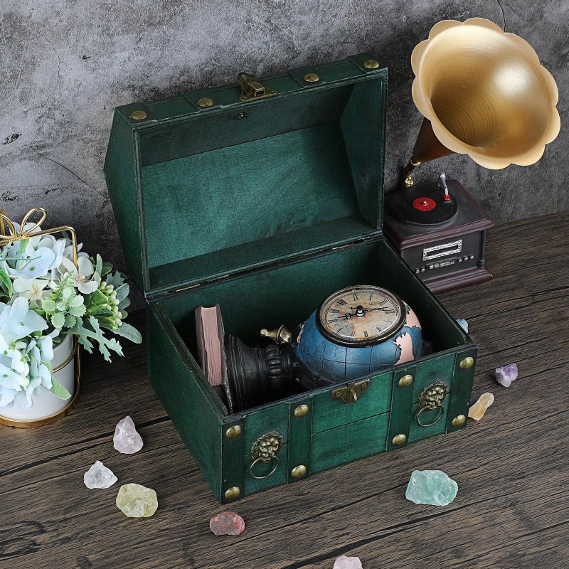 ELLDOO Vintage Wooden Treasure Chest, Pirate Treasure Storage Keepsakes Box for Kids Gifts Pirate Theme Party, Decorative Box for Jewelry Pearl Trinkets, Vintage Green - Image 3