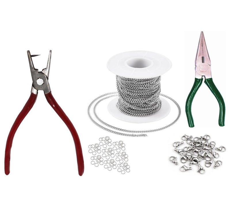 CRAFTS HAVELI Combo of Link Anchor Chain Silver 1mm 10 Mtr 20 Lobster Jump Ring Flat Nose Hole Punch Plier - Image 1
