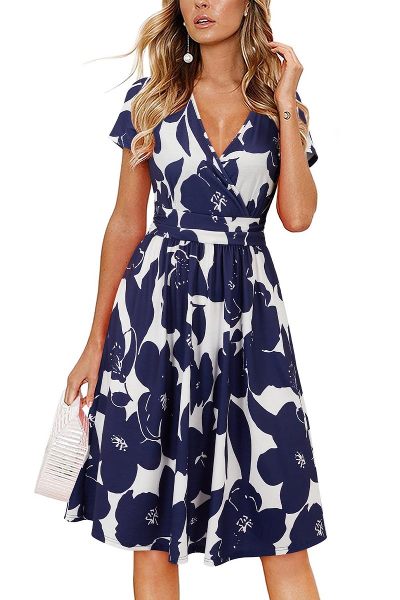 OUGES Casual Spring Summer Dress for Women 2026 Wrap V Neck A Line Midi Party Dresses with Pockets(FloralZ30,XXL) - Image 1