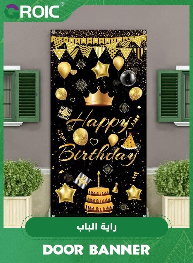 GROIC Black Gold Happy Birthday Door Banner Decorations, Cover Backdrop Party Supplies, Large Poster Sign Decor,Party Supplies - Image 1