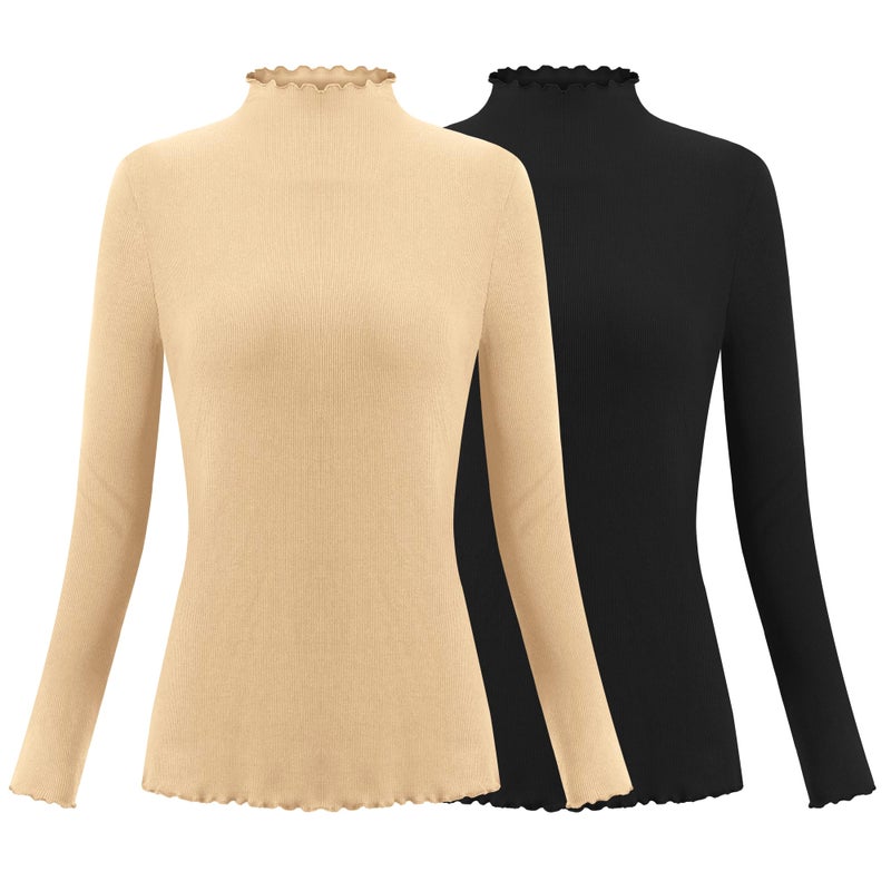 Herou 2 Pack Women Turtleneck Ribbed Long Sleeve Basic Layer Shirt Lettuce Trim Lightweight Basic T Shirt Fall Thermal Mock Turtleneck Top Black, Apricot Large - Image 1