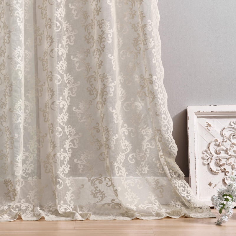 FOLKSIDE Khaki Lace Curtains 84 Inches Long 2 Panels Neutral Paisley Floral Sheer Curtains for Living Room Bedroom Rod Pocket Light Filtering Vintage Crochet Curtain Window Privacy Decor, 52x84 - Image 5