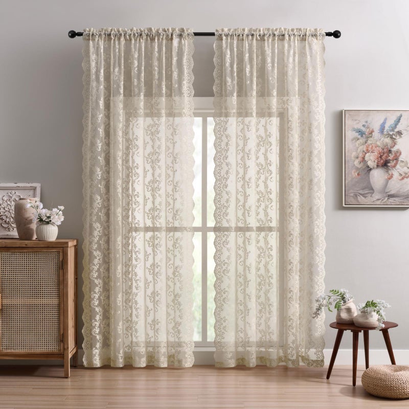 FOLKSIDE Khaki Lace Curtains 84 Inches Long 2 Panels Neutral Paisley Floral Sheer Curtains for Living Room Bedroom Rod Pocket Light Filtering Vintage Crochet Curtain Window Privacy Decor, 52x84 - Image 2
