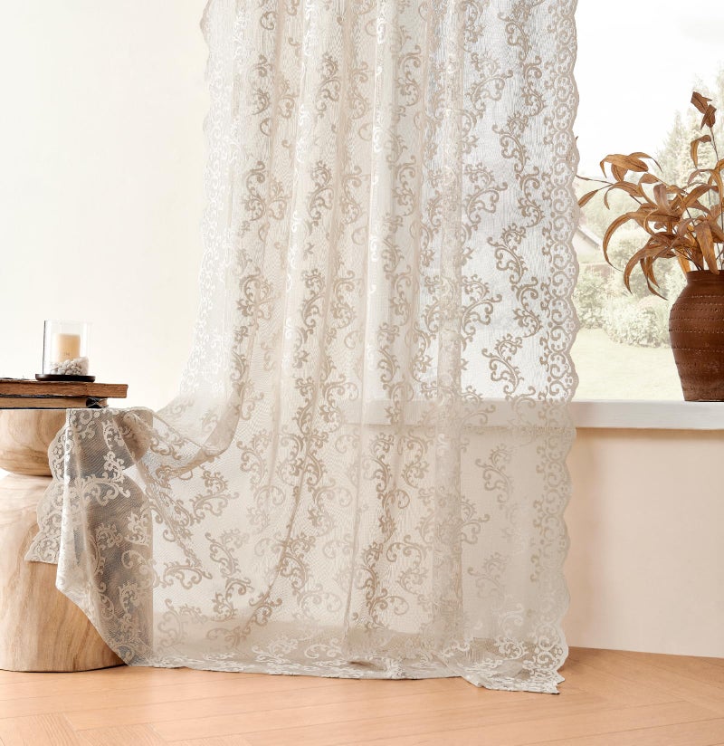 FOLKSIDE Khaki Lace Curtains 84 Inches Long 2 Panels Neutral Paisley Floral Sheer Curtains for Living Room Bedroom Rod Pocket Light Filtering Vintage Crochet Curtain Window Privacy Decor, 52x84 - Image 4