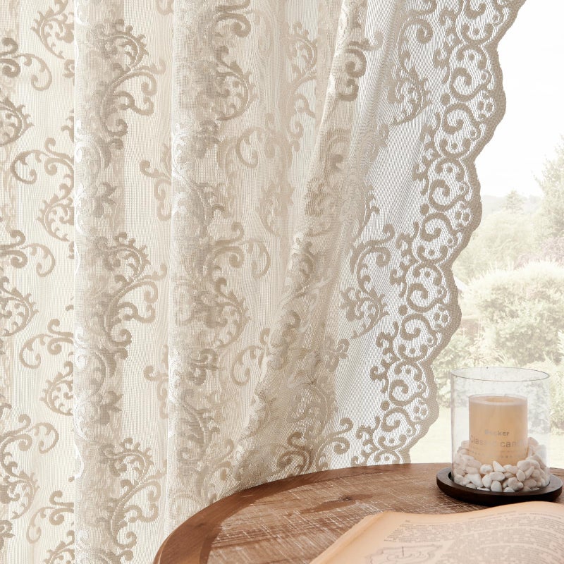 FOLKSIDE Khaki Lace Curtains 84 Inches Long 2 Panels Neutral Paisley Floral Sheer Curtains for Living Room Bedroom Rod Pocket Light Filtering Vintage Crochet Curtain Window Privacy Decor, 52x84 - Image 1