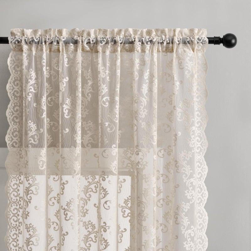 FOLKSIDE Khaki Lace Curtains 84 Inches Long 2 Panels Neutral Paisley Floral Sheer Curtains for Living Room Bedroom Rod Pocket Light Filtering Vintage Crochet Curtain Window Privacy Decor, 52x84 - Image 3
