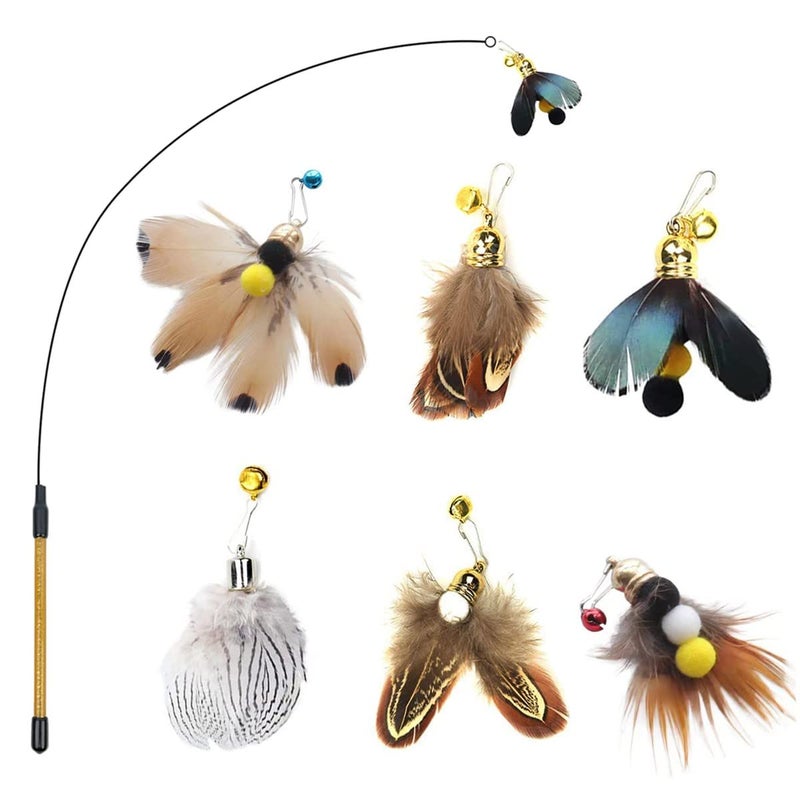 Hokoad Cat Insect Feather Toys Cat Wand and 6 Natural Insect Feathers Refill Interactive Teaser with Bell - Image 2