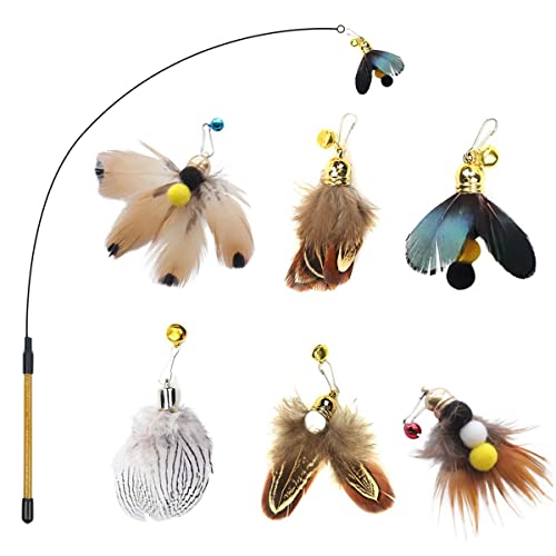 Hokoad Cat Insect Feather Toys Cat Wand and 6 Natural Insect Feathers Refill Interactive Teaser with Bell - Image 1