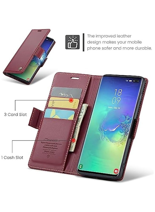 Samsung Galaxy S10+ Plus Leather Wallet Case with Magnetic Stand - Fashion Wine Red  - Image 3