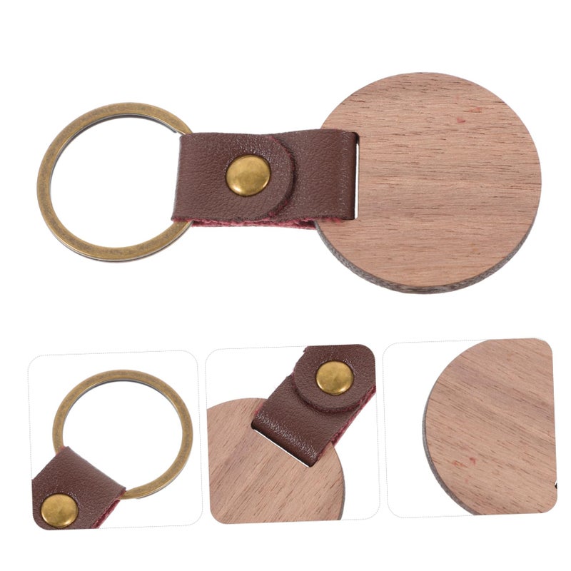 4PCS Metal Leather Keychain With Walnut Wood Circle For DIY Engraving Key Rings Craft Supplies - Image 4