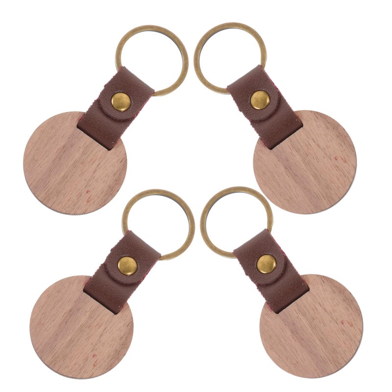 4PCS Metal Leather Keychain With Walnut Wood Circle For DIY Engraving Key Rings Craft Supplies - Image 2