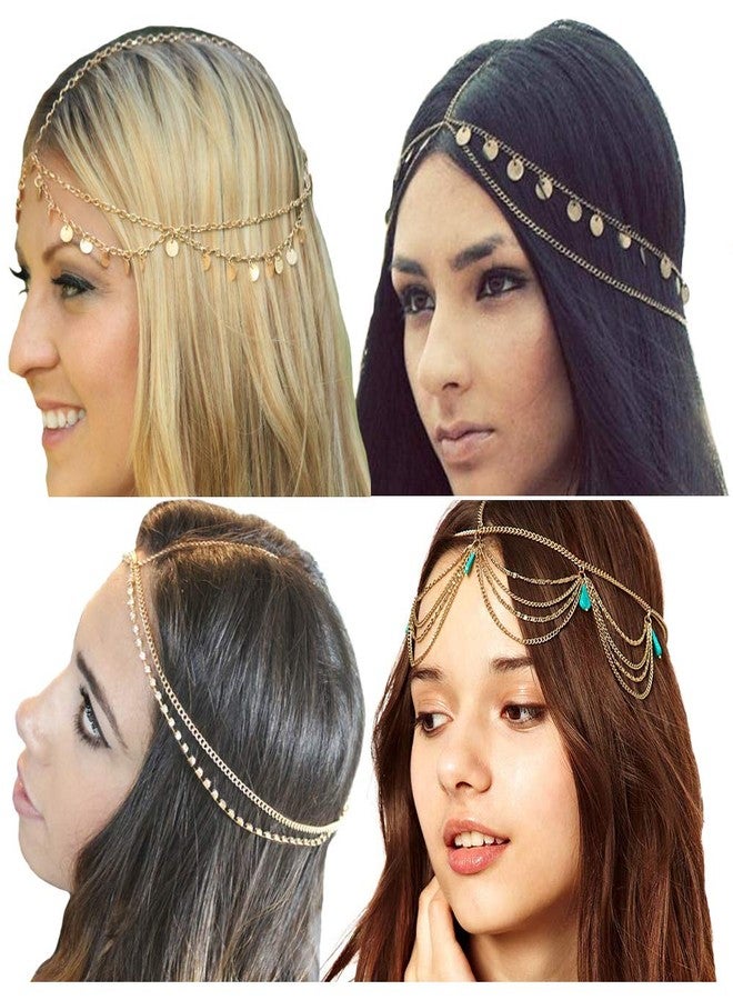 WLBON Gold Head Chain Sequins Rhinestone Headband Crystal Bohemian Hair Bands Halloween Hoop Women Bridal Boho Hippie Hairband Party Decoration Cosplay Costume Handmade Headpiece Jewelry 4 Pack - Image 1