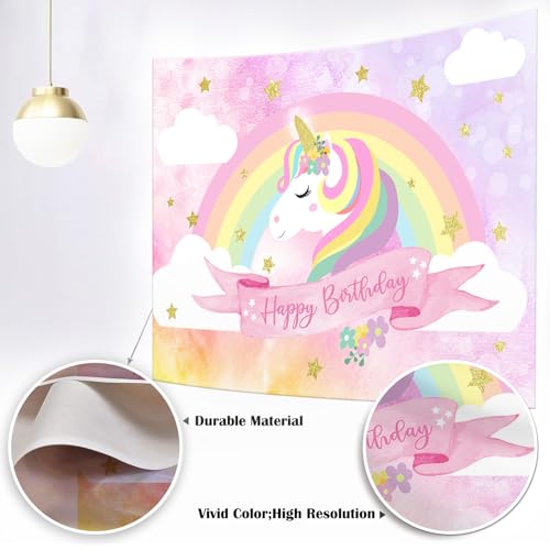 Mocsicka Unicorn Theme Birthday Party Decoration, Pink Cotton Backdrop with Rainbow Clouds, 7x5ft - Image 4