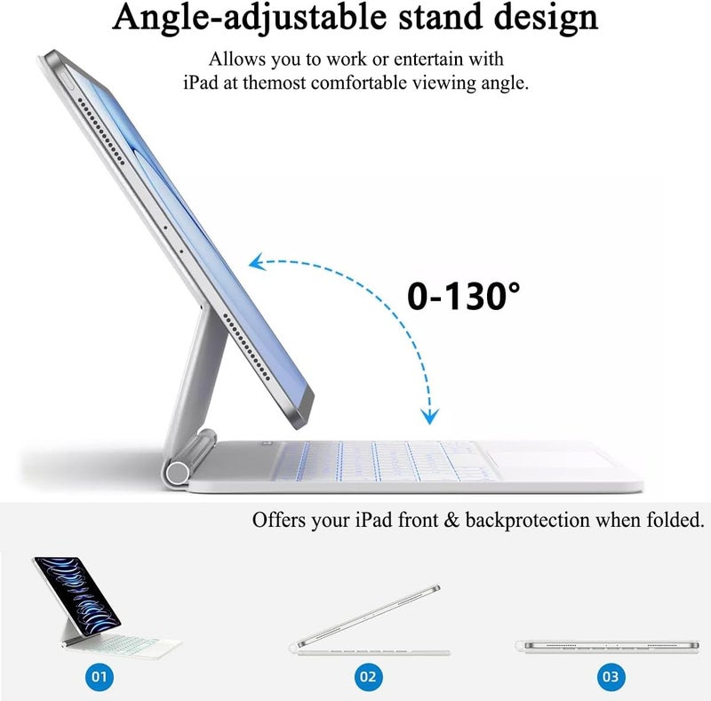 QPHWHFQ 【Arabic English】Magic Keyboard Case for iPad Air 13" M4/M3/M2 / iPad Pro 12.9" (6th/5th/4th/3rd), Keyboard Case with Magnetic Stand, LCD Display, Multi-Touch Trackpad, 7-Color Backlight, White - Image 5