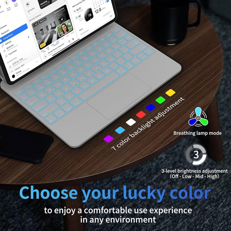 QPHWHFQ 【Arabic English】Magic Keyboard Case for iPad Air 13" M4/M3/M2 / iPad Pro 12.9" (6th/5th/4th/3rd), Keyboard Case with Magnetic Stand, LCD Display, Multi-Touch Trackpad, 7-Color Backlight, White - Image 4