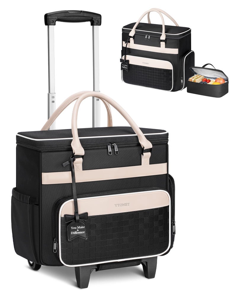 Ytonet Rolling Laptop Bag with Insulated Lunch Box, 15.6 In Rolling Briefcase for Women with Large Cup Holder, Detachable Trolley Roller Underseat Bags for Work, Office, Teacher, Travel, Black Beige - Image 1