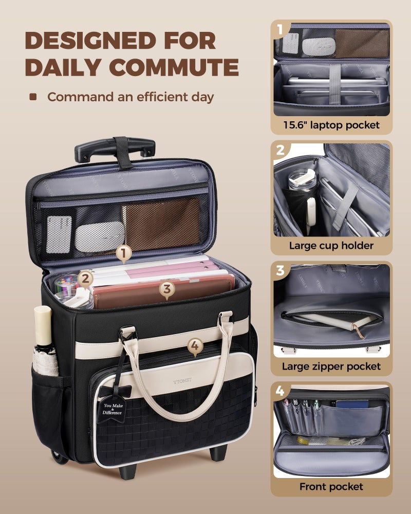 Ytonet Rolling Laptop Bag with Insulated Lunch Box, 15.6 In Rolling Briefcase for Women with Large Cup Holder, Detachable Trolley Roller Underseat Bags for Work, Office, Teacher, Travel, Black Beige - Image 3