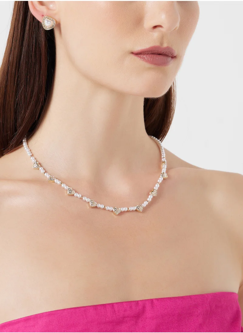 Ginger Heart Pearl Necklace & Stud Earrings Set