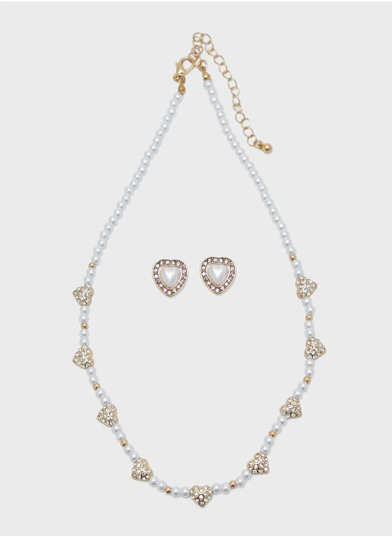 Ginger Heart Pearl Necklace & Stud Earrings Set