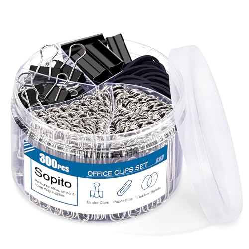 Sopito Binder Clips Paperclips, Sopito 300pcs Office Clips Set with Paper Clamps Rubber Bands for Office and School Supplies, Assorted Sizes Black - Image 1