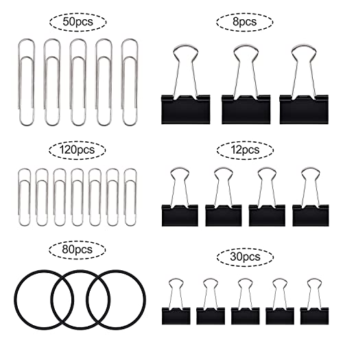 Sopito Binder Clips Paperclips, Sopito 300pcs Office Clips Set with Paper Clamps Rubber Bands for Office and School Supplies, Assorted Sizes Black - Image 2