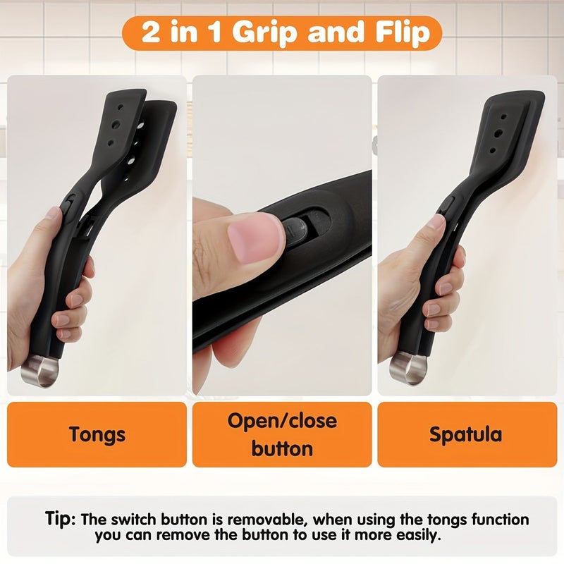 2 In 1 Stainless Steel Silicone Cooking Tongs Heat Resistant Barbecue Spatula 11 Inches Adjustable Multi Purpose Home Kitchen Bread Holder Non Stick Clamps Flip Fish Eggs Steaks Pancakes Omelets Toast Salad Black - Image 4