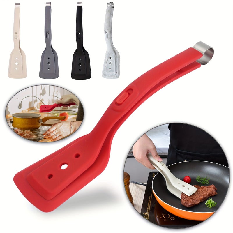 2 In 1 Stainless Steel Silicone Cooking Tongs Heat Resistant Barbecue Spatula 11 Inches Adjustable Multi Purpose Home Kitchen Bread Holder Non Stick Clamps Flip Fish Eggs Steaks Pancakes Omelets Toast Salad Black - Image 1