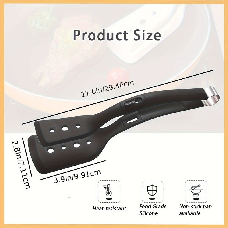 2 In 1 Stainless Steel Silicone Cooking Tongs Heat Resistant Barbecue Spatula 11 Inches Adjustable Multi Purpose Home Kitchen Bread Holder Non Stick Clamps Flip Fish Eggs Steaks Pancakes Omelets Toast Salad Black - Image 3