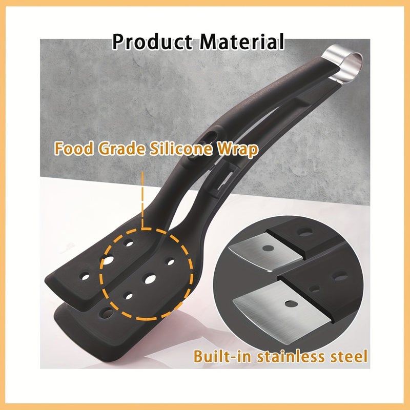 2 In 1 Stainless Steel Silicone Cooking Tongs Heat Resistant Barbecue Spatula 11 Inches Adjustable Multi Purpose Home Kitchen Bread Holder Non Stick Clamps Flip Fish Eggs Steaks Pancakes Omelets Toast Salad Black - Image 5