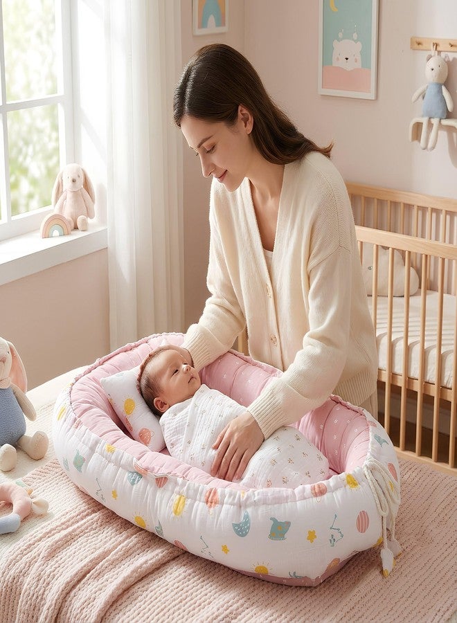 VOIDROP Baby Nest Bed for Newborn | 2-in-1 Reversible Infant Lounger | Portable Co-Sleeping Crib | Ice Cream & Olive Green Design | Soft Cotton Travel Bed for Boys & Girls | 0-12 Months (Pink) - Image 2