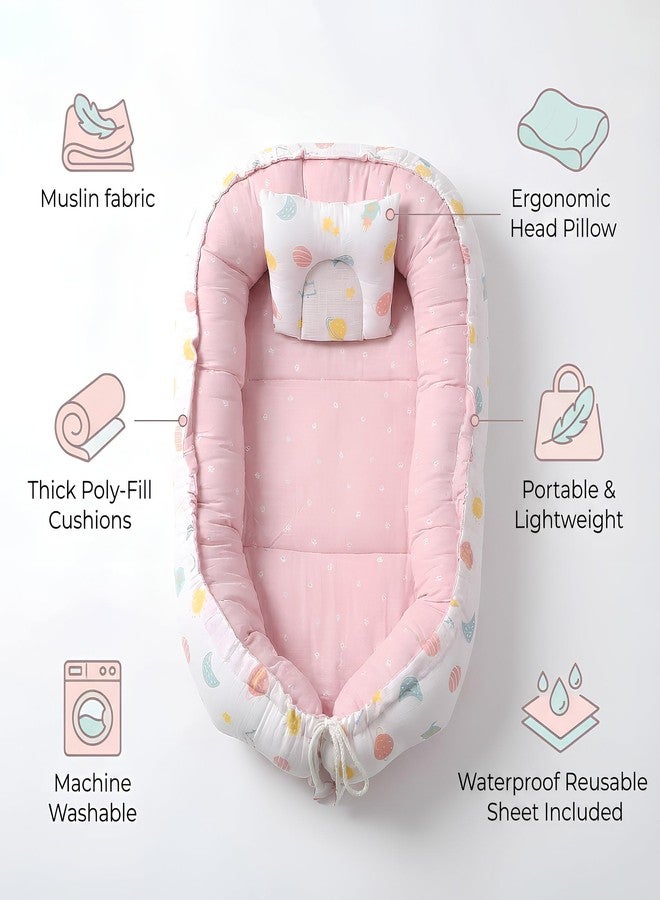 VOIDROP Baby Nest Bed for Newborn | 2-in-1 Reversible Infant Lounger | Portable Co-Sleeping Crib | Ice Cream & Olive Green Design | Soft Cotton Travel Bed for Boys & Girls | 0-12 Months (Pink) - Image 4