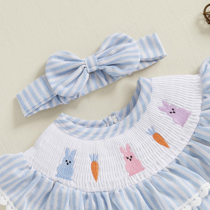 BemeyourBBs Newborn Baby Girl Easter Outfit Bunny Bubble Romper Embroidery Cute Smocked Baby Girl Clothes (Bunny Carrot Striped Blue, 6-12 Months) - Image 4
