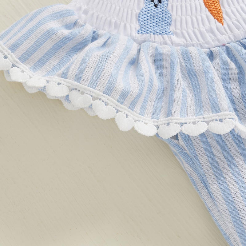 BemeyourBBs Newborn Baby Girl Easter Outfit Bunny Bubble Romper Embroidery Cute Smocked Baby Girl Clothes (Bunny Carrot Striped Blue, 6-12 Months) - Image 5