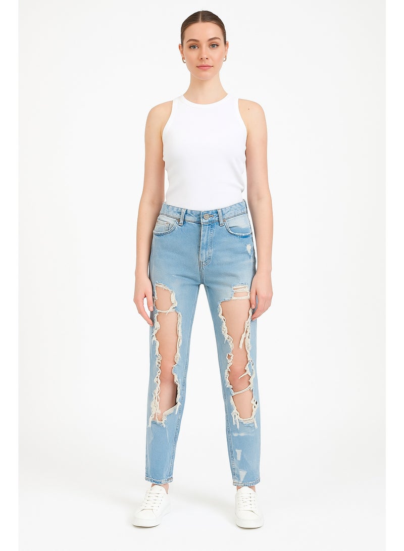 CHEVALIER FASHION Women’s Skinny Ripped Jeans – Trendy Light Blue Distressed Denim - Image 1