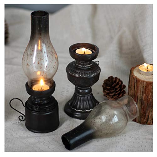 MaoTopCom Black Antique Kerosene Lamp,Chandeliers,Glass Table Lamp,Country Style Vintage Tealight Holder Tabletop Decorative Candle Lantern with Handle Desktop Decor 10.2 Small Size - Image 5