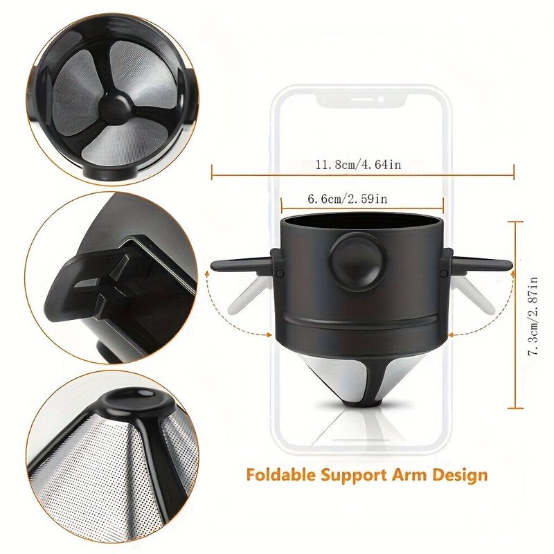 Pour Over Coffee Filter Folding Portable Reusable Stainless Steel Drip Coffee Tea Holder Infuser Dripper Black - Image 3