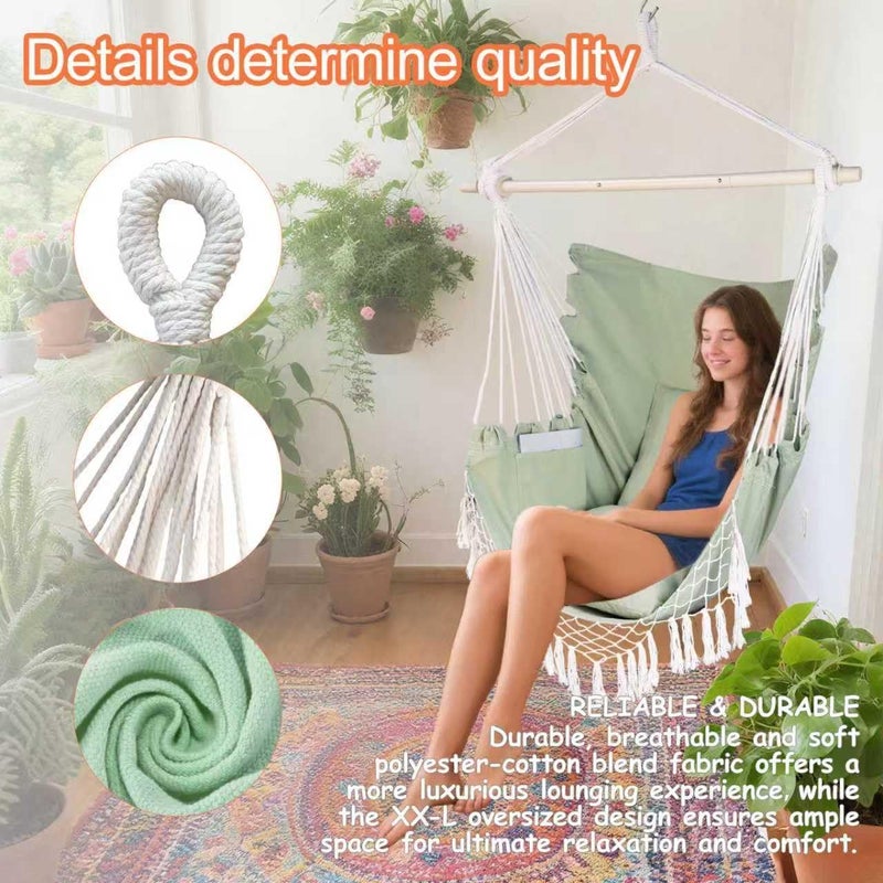 PIRNY Hammock Chair Hanging Rope Swing Chair,Max 500 Lbs, Large Hanging Chair with Pocket, 2 Cushions, Steel Bar with Anti-Slip Rings, Hardware Kit Included, Comfortable for Indoor Outdoor (Green) - Image 5