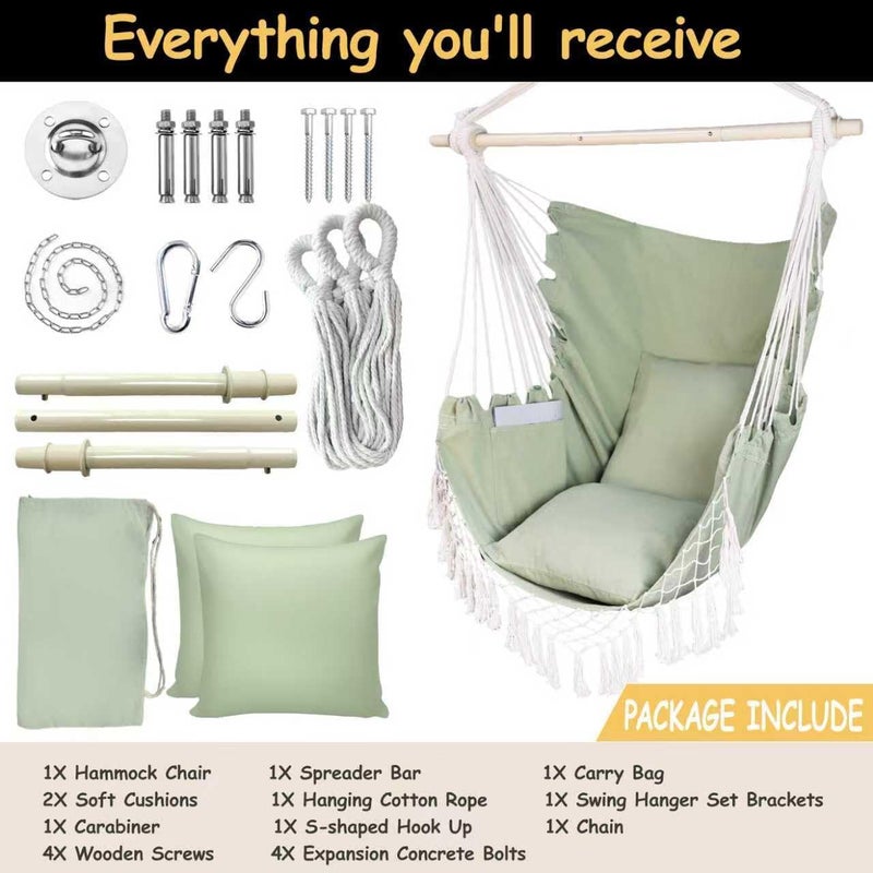 PIRNY Hammock Chair Hanging Rope Swing Chair,Max 500 Lbs, Large Hanging Chair with Pocket, 2 Cushions, Steel Bar with Anti-Slip Rings, Hardware Kit Included, Comfortable for Indoor Outdoor (Green) - Image 3