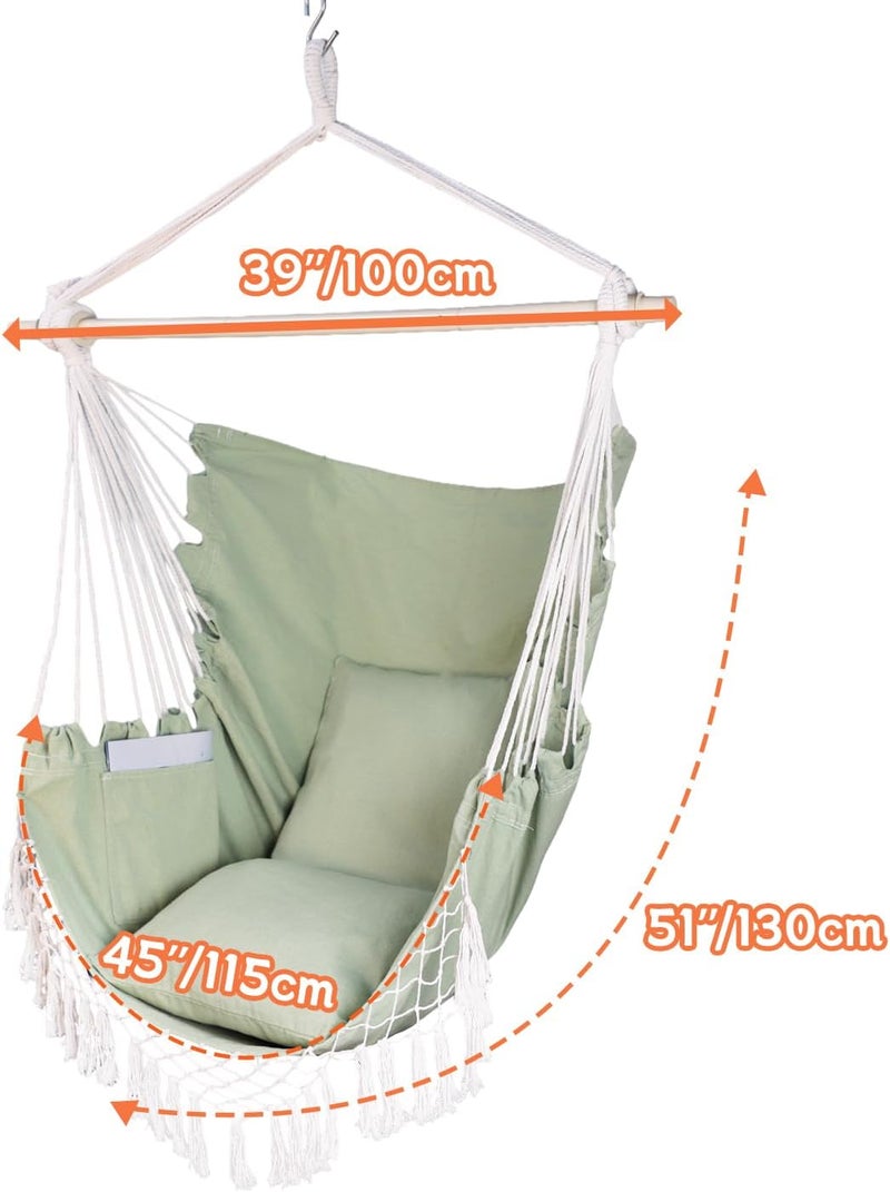 PIRNY Hammock Chair Hanging Rope Swing Chair,Max 500 Lbs, Large Hanging Chair with Pocket, 2 Cushions, Steel Bar with Anti-Slip Rings, Hardware Kit Included, Comfortable for Indoor Outdoor (Green) - Image 4
