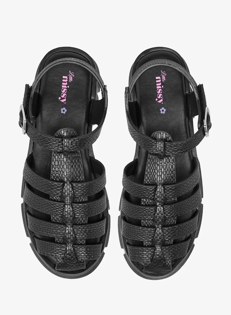 Little Missy BLACK Strappy Flatform Sandals with Hook and Loop Closure for Women | Best Price UAE